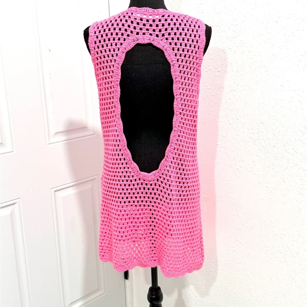 Sleeveless Pink‎ Crochet Swim Cover-Up Tunic S
